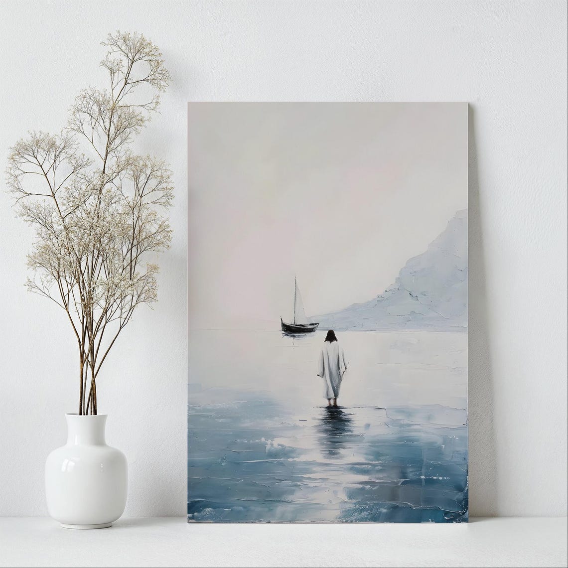 Minimalist Jesus Walking On Water Toward Sailboat Painting Poster - Image 5