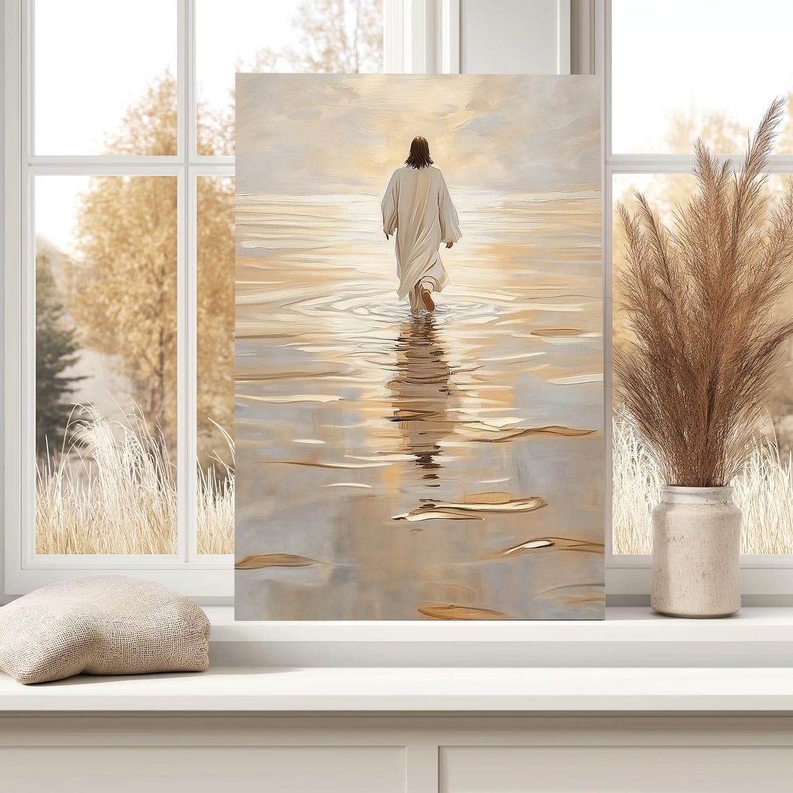 Jesus Christ Walking Away On Golden Water At Bright Sunrise Poster - Image 4