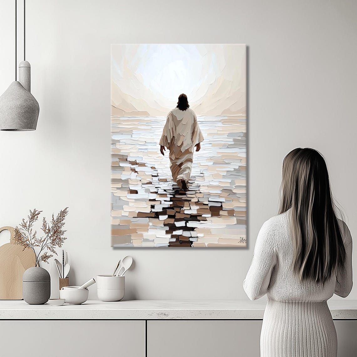 Jesus Walking Away On Water Textured Earth Tone Mosaic Poster - Image 2