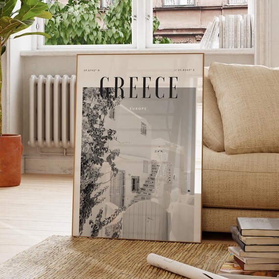 Greece Whitewashed Village Black and White Travel Photo Poster
