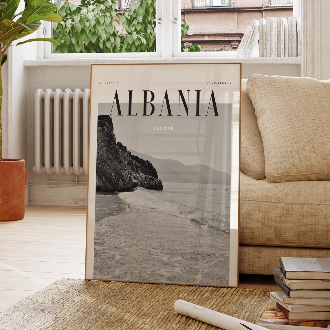 Albania Europe Black White Beach Coast Travel Photography Poster