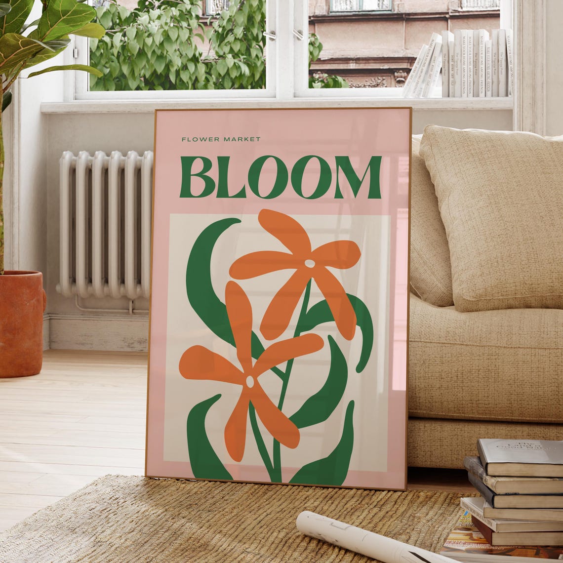 Flower Market Bloom Retro Orange Daisy Pink Botanical Poster