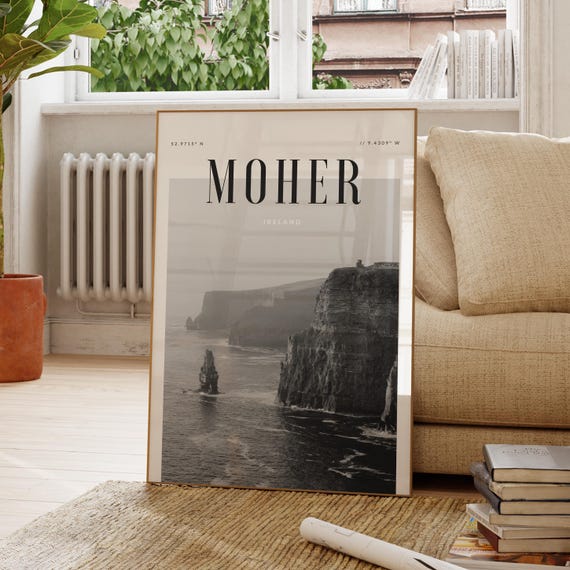 Cliffs Of Moher Ireland Poster Modern Travel Wall Art Design Black And White Print Wanderlust Decor Home Office