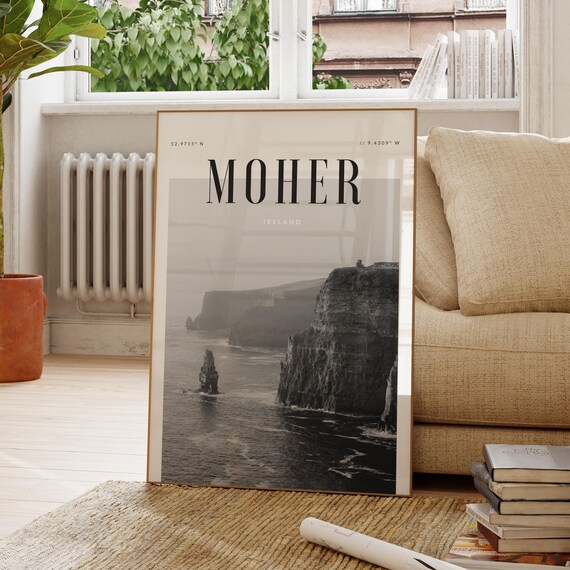 Coastal Cliffs of Moher Ireland Black White Photo Travel Poster