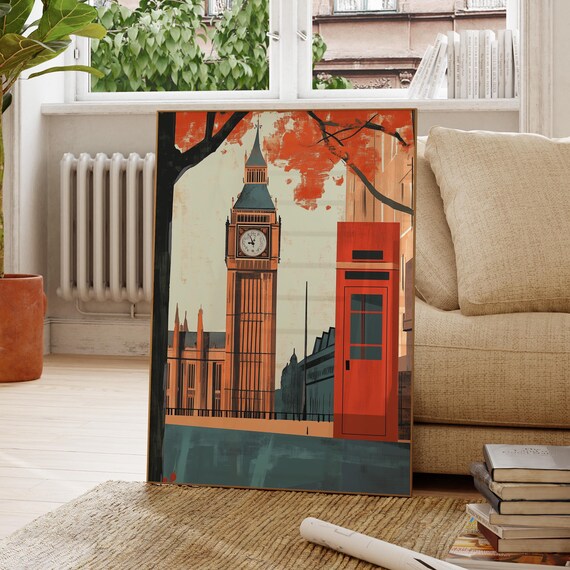 Big Ben Red Phone Booth Retro London Street Illustration Travel Poster
