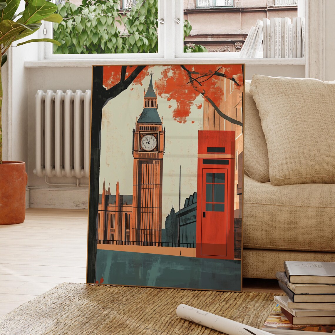 Big Ben Red Phone Booth Retro London Street Illustration Travel Poster