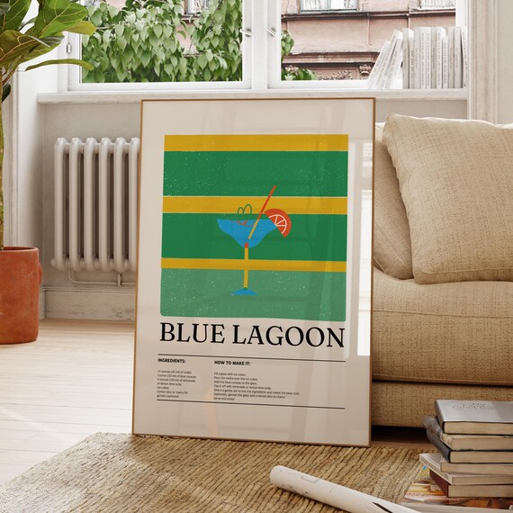 Blue Lagoon Cocktail Recipe Retro Striped Illustration Wall Art