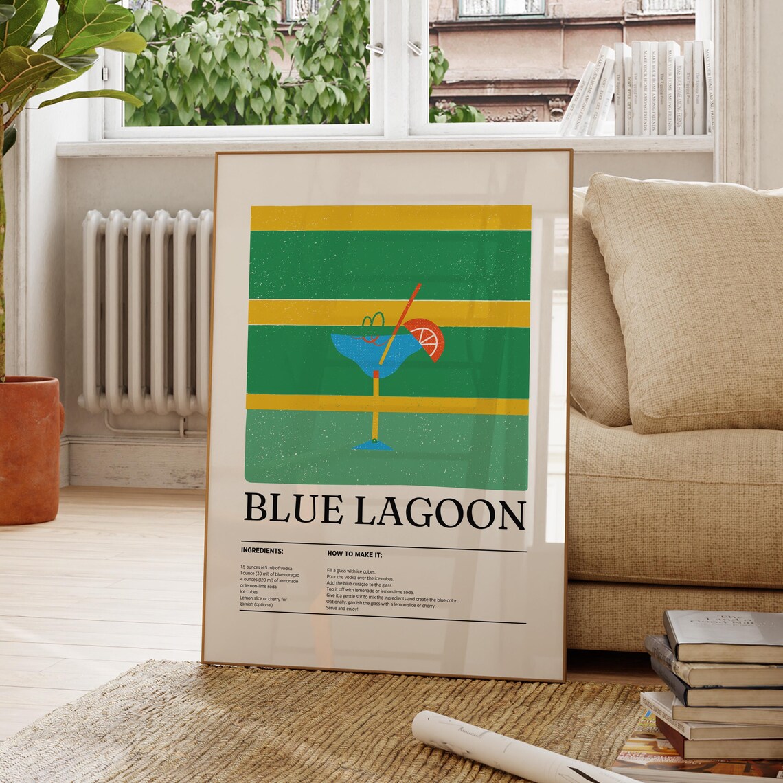 Blue Lagoon Cocktail Recipe Retro Striped Illustration Wall Art