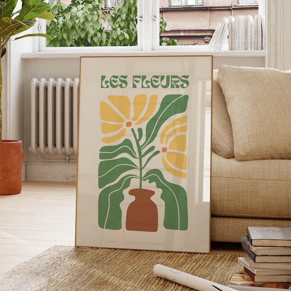 Les Fleurs Retro Floral Botanical Green Yellow Beige Style Poster