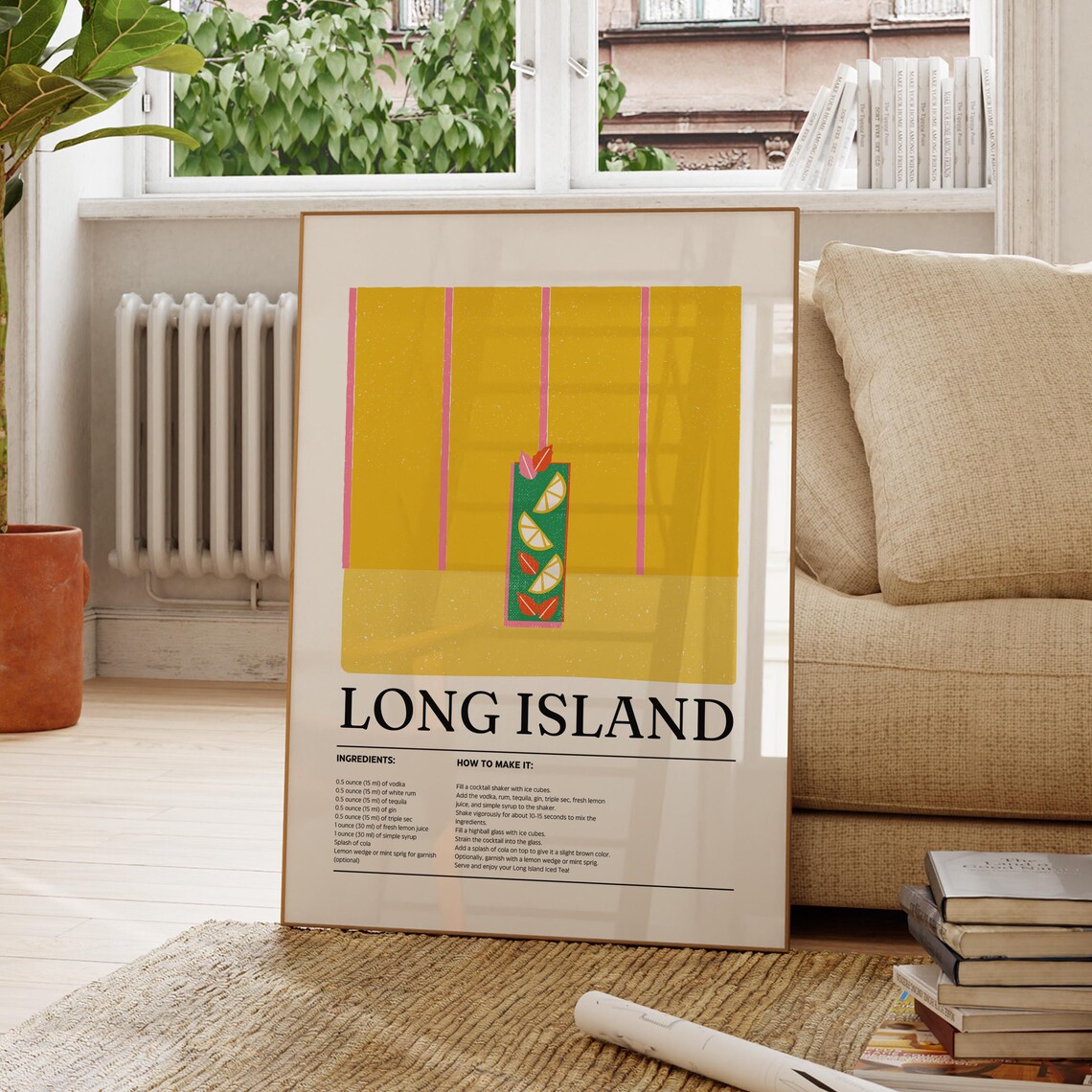 Long Island Iced Tea Cocktail Recipe Retro Striped Illustration Wall Art