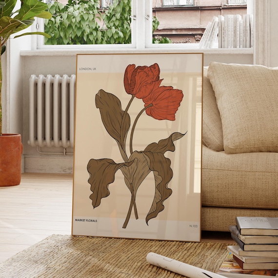 Market Florals London UK Red Tulip Blooms Vintage Botanical Poster