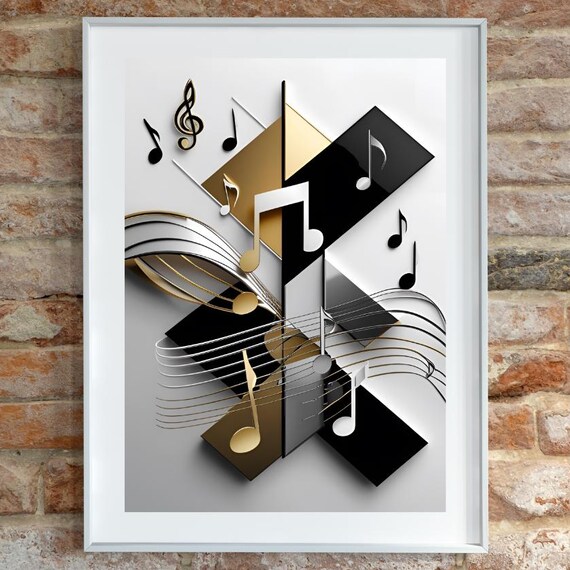 Modern Abstract Music Notes Poster Midcentury Wall Art Bold Geometric Shapes And Musical Symbols Gold Silver Artwork Jazzinspired Decor