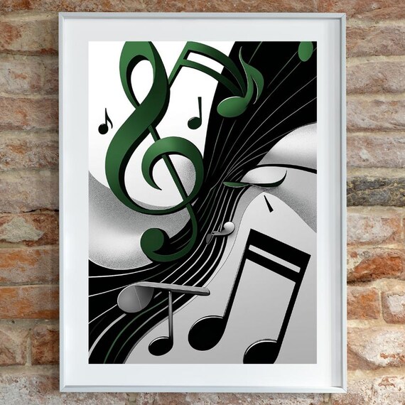 Emerald Green 3D Treble Clef Poster over Flowing Silver Music Lines
