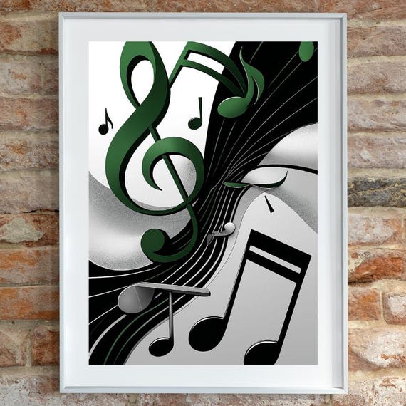 Modern Abstract Music Notes Poster Midcentury Wall Art Bold Geometric Shapes Musical Symbols Green Silver Artwork Jazz Inspired Decor