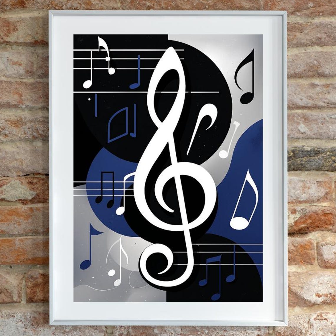 Bold Blue 3D Treble Clef Poster with Floating Notes on Black Disc