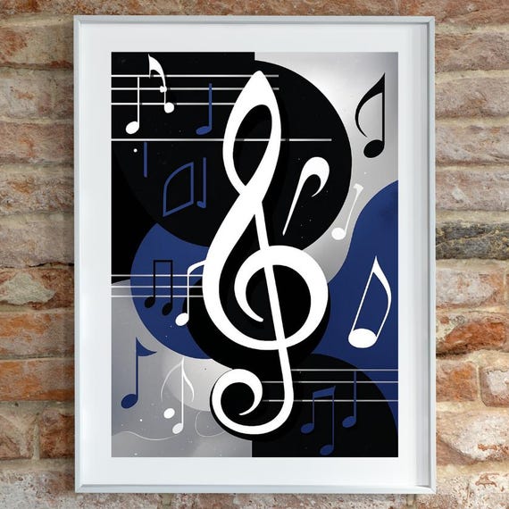 Modern Abstract Music Notes Poster Midcentury Wall Art Bold Geometric Shapes And Musical Symbols Blue Silver Artwork Jazzinspired Decor