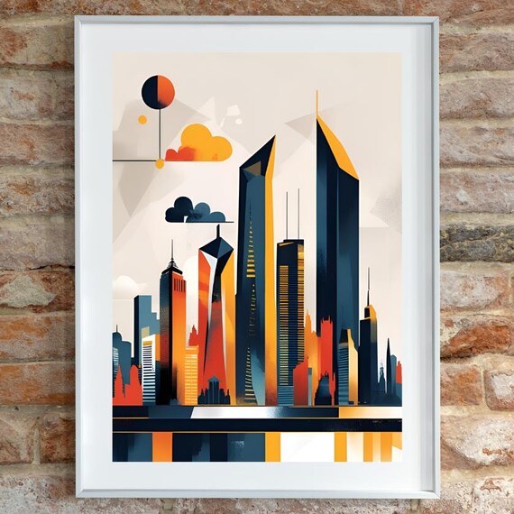 Geometric City Skyline Poster Orange Navy Towers Mid Century Artwork