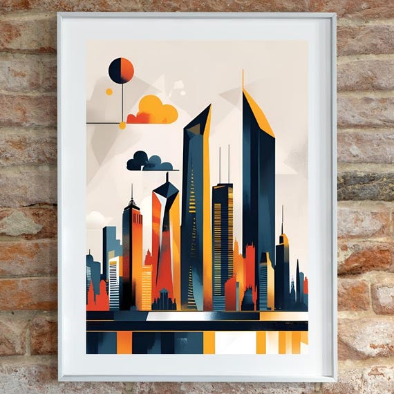 Modern Abstract City Poster Midcentury Wall Art Bold Geometric Shapes And Colour Skyscrapers Artwork Buildings Inspired Decor