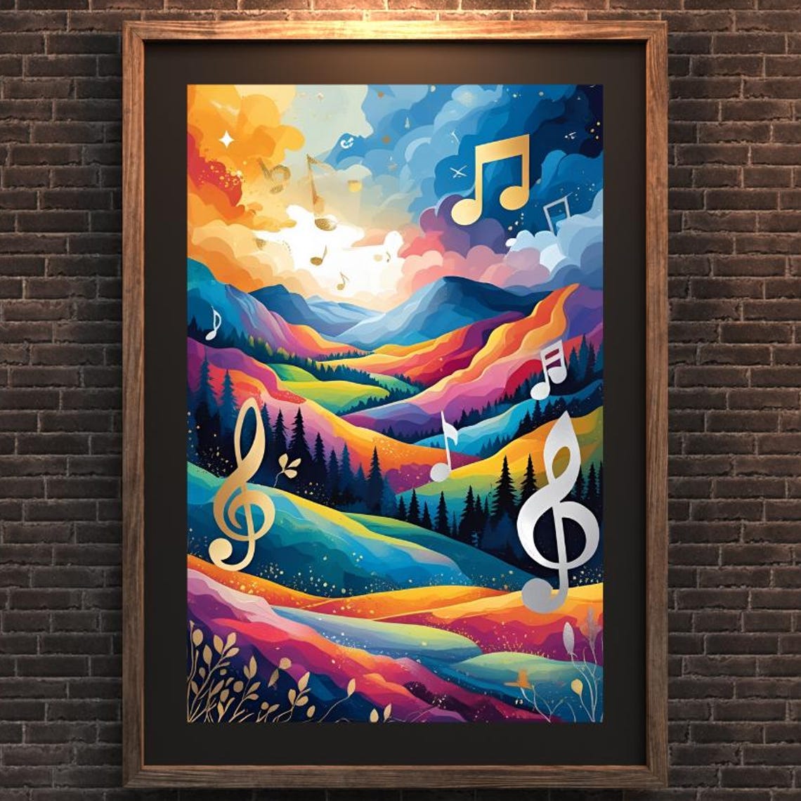 Rainbow Mountain Landscape with Floating Music Notes Art Poster