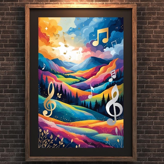 Modern Abstract Music Notes Poster Midcentury Wall Art With Bold Background Mountains And Musical Symbols Jazzinspired Artwork Decor