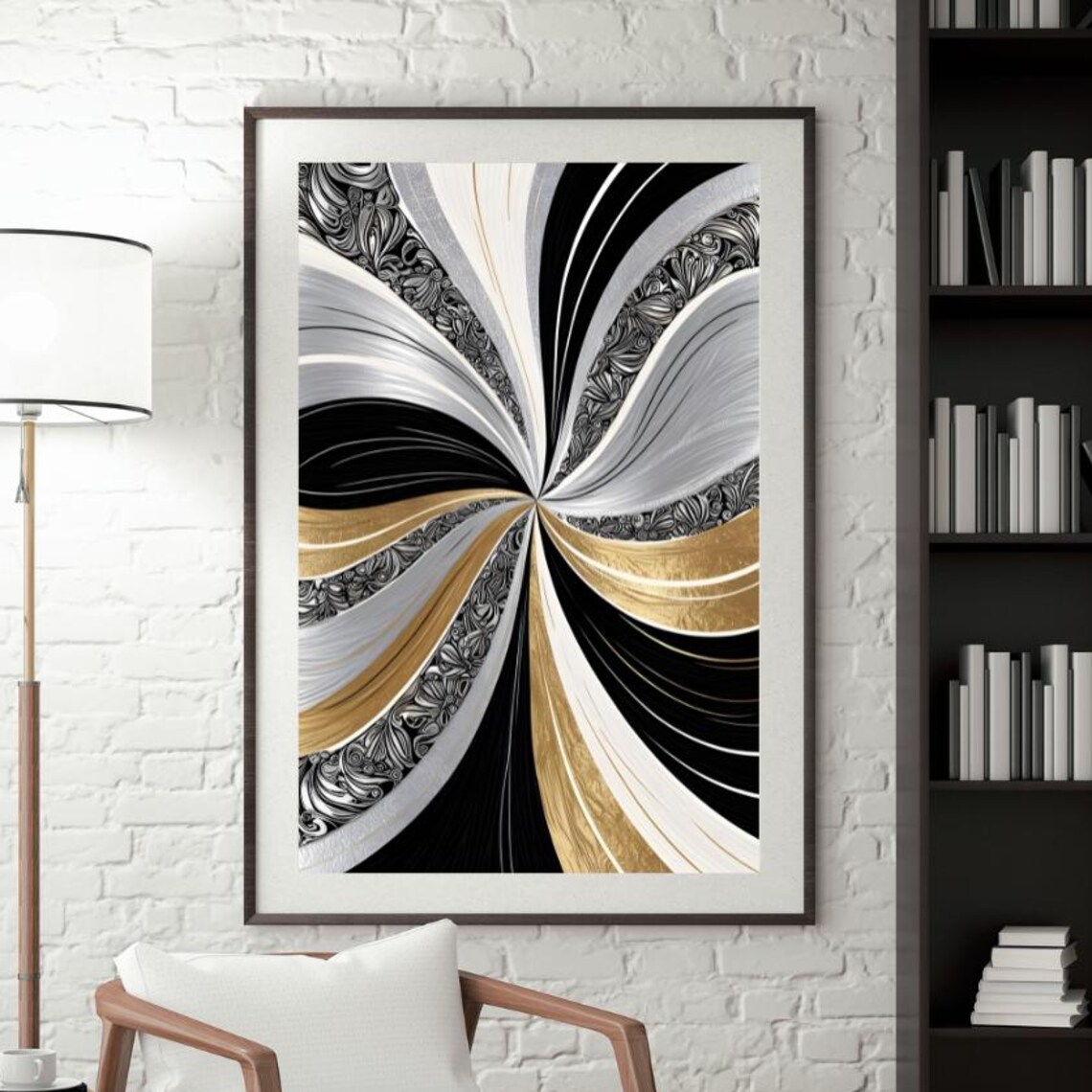 Black Gold Silver Radial Pinwheel Modern Abstract Art Poster