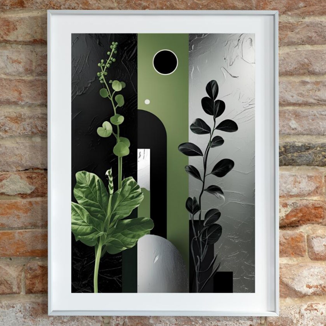 Sage Green Black Silver Botanical Geometric Abstract Art Poster