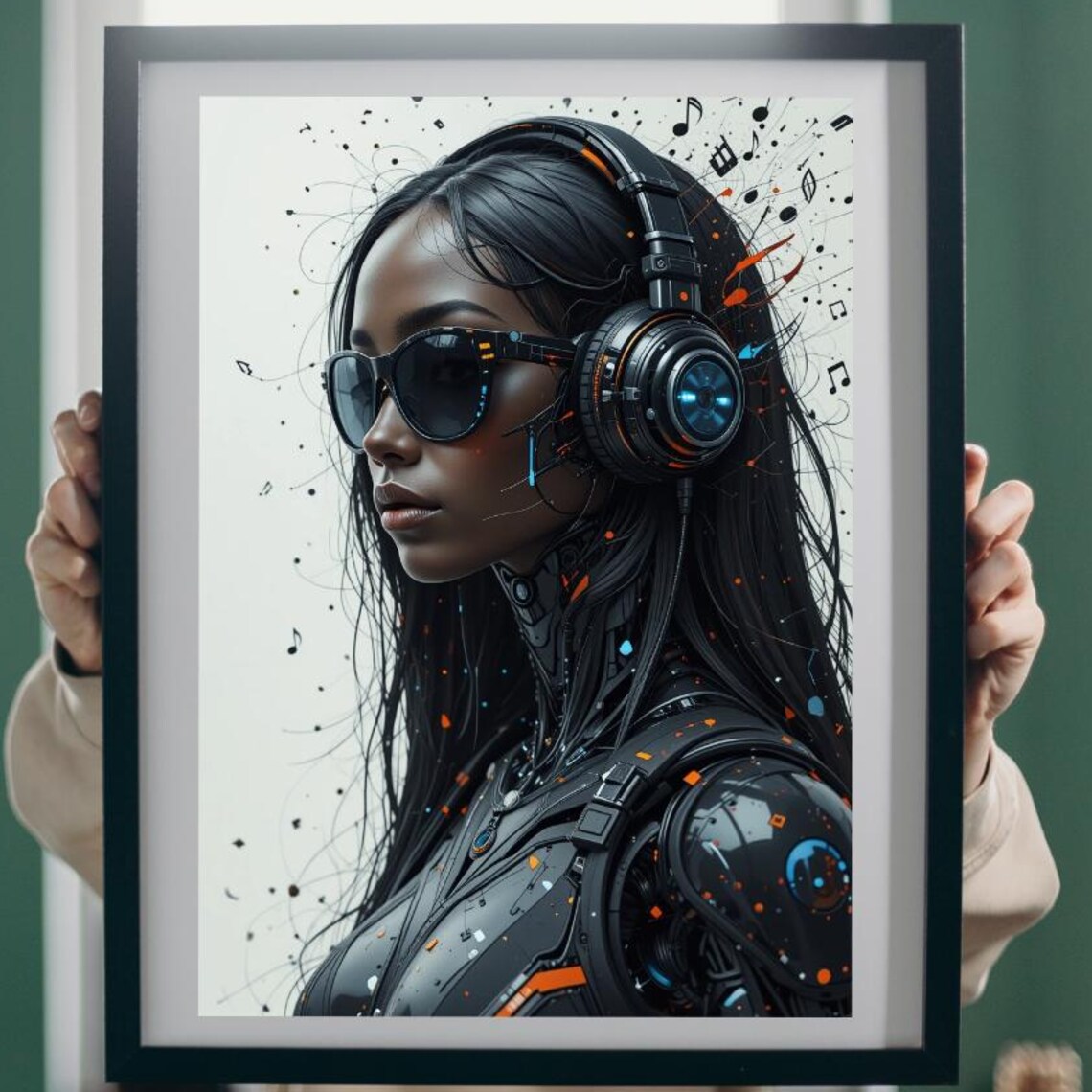 Modern Abstract Beautiful Black Android Woman Musical Notes Print Midcentury Wall Art Symbols Poster Robot Lady Artwork Decor