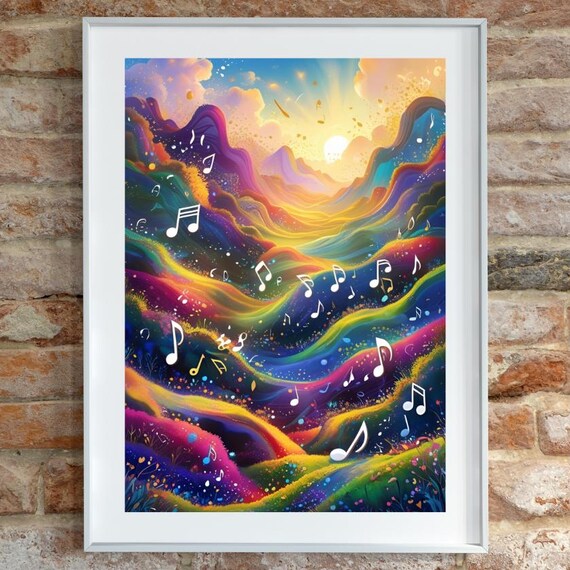 Modern Abstract Music Notes Poster Midcentury Wall Art With Bold Background Mountains And Musical Symbols Jazzinspired Artwork Decor