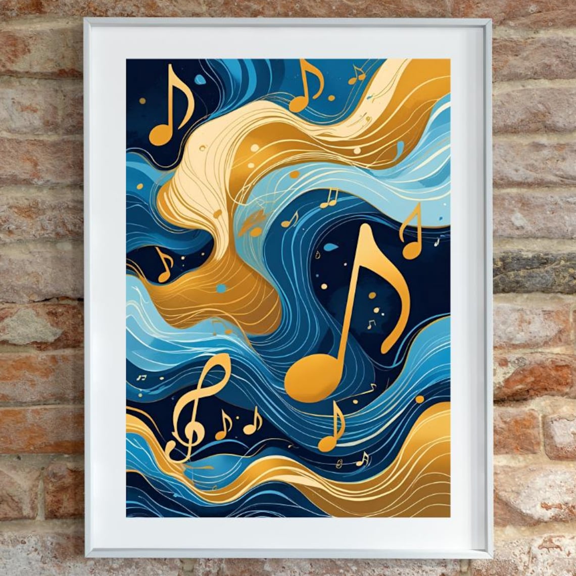 Gold Music Notes on Blue and Gold Flowing Waves Abstract Poster