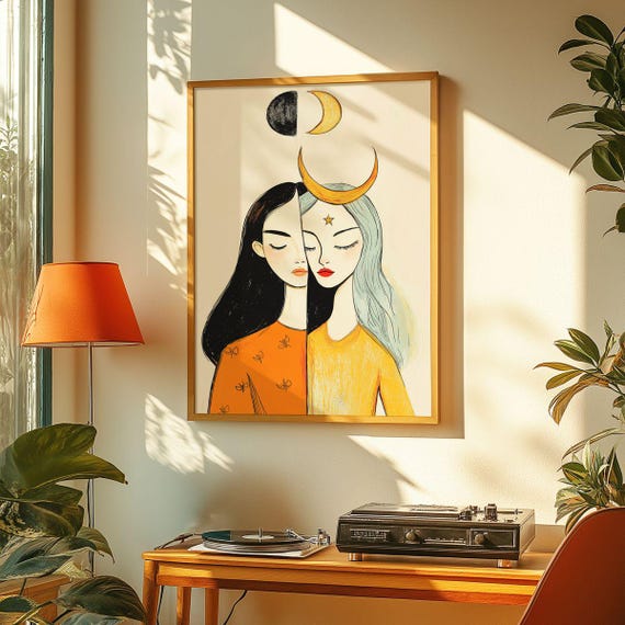 Gemini Zodiac Sign Astrology Illustration, Celestial Decor