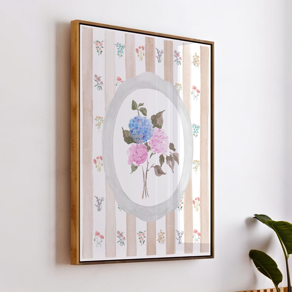 Pink Blue Hydrangea Bouquet Watercolor Striped Floral Art Print - Image 3