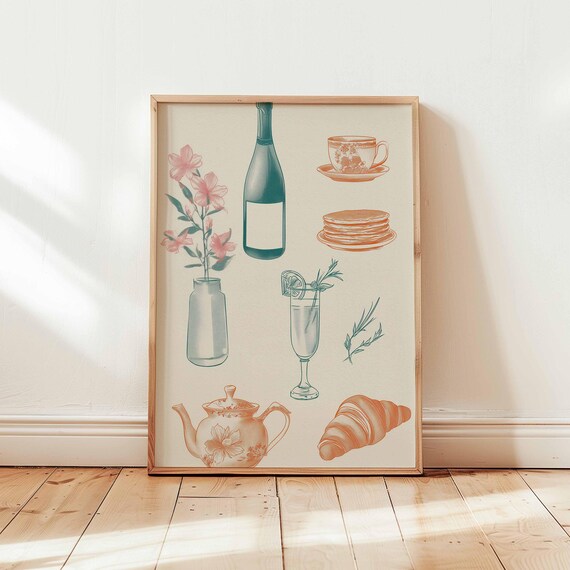 French Brunch Illustrated Wine Croissant Tea Kitchen Art Print