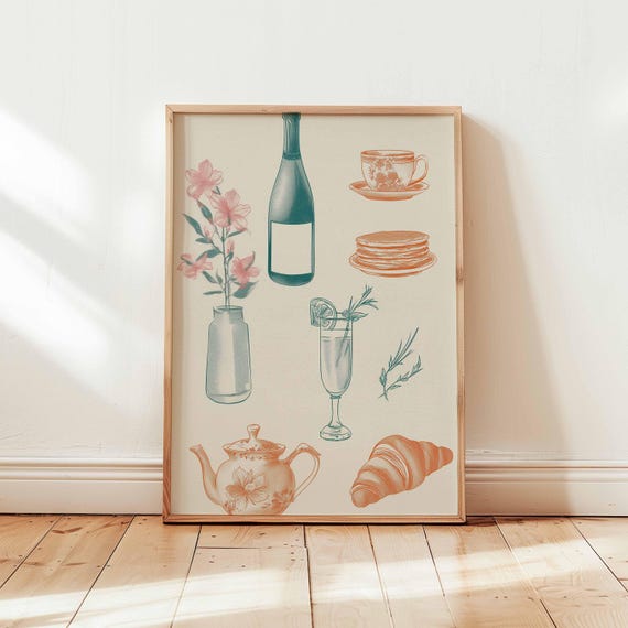 French Brunch Wall Art Print Vintage Kitchen Decor Wine Croissant Poster Pastel Food Illustration Unframed Caf Breakfast Style