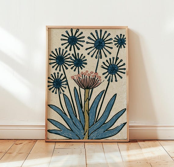 Blue Botanical Floral Poster Folk Art Paper Wall Decor Vintage Bloom Print