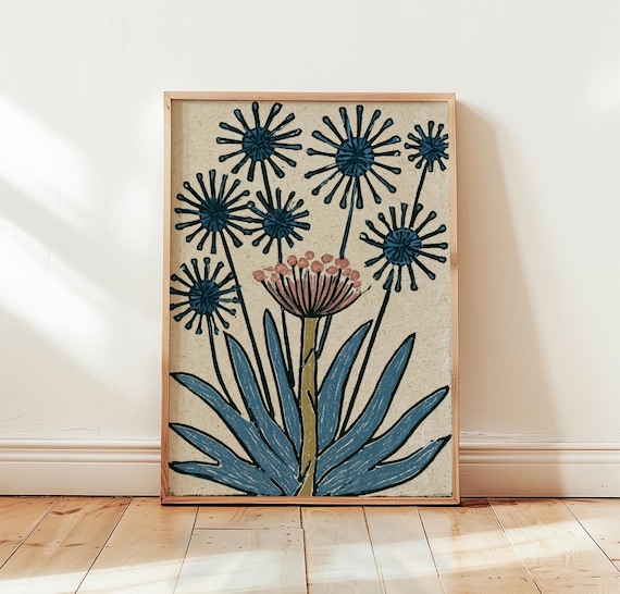 Blue Botanical Wildflower Floral Folk Nature Art Vintage Poster