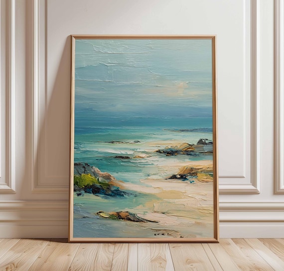 Textured Turquoise Coastal Beach Seascape Rocky Shore Ocean Print