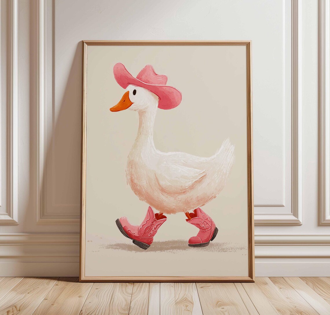 Cowboy Duck In Pink Hat And Boots Funny Western Animal Art Print