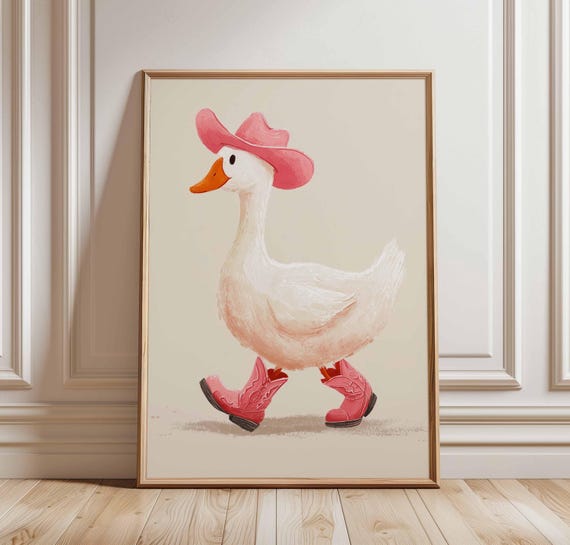 Cowboy Duck Wall Art Print Funny Poster With Pink Hat And Boots Cute Farm Animal Nursery Decor For Kids Room