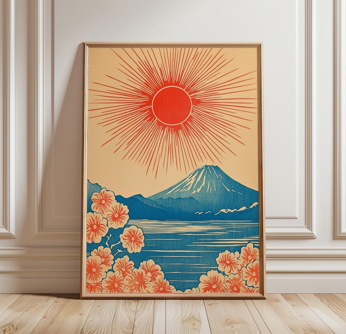 Mount Fuji Red Sun Vintage Japanese Woodblock Style Landscape Poster