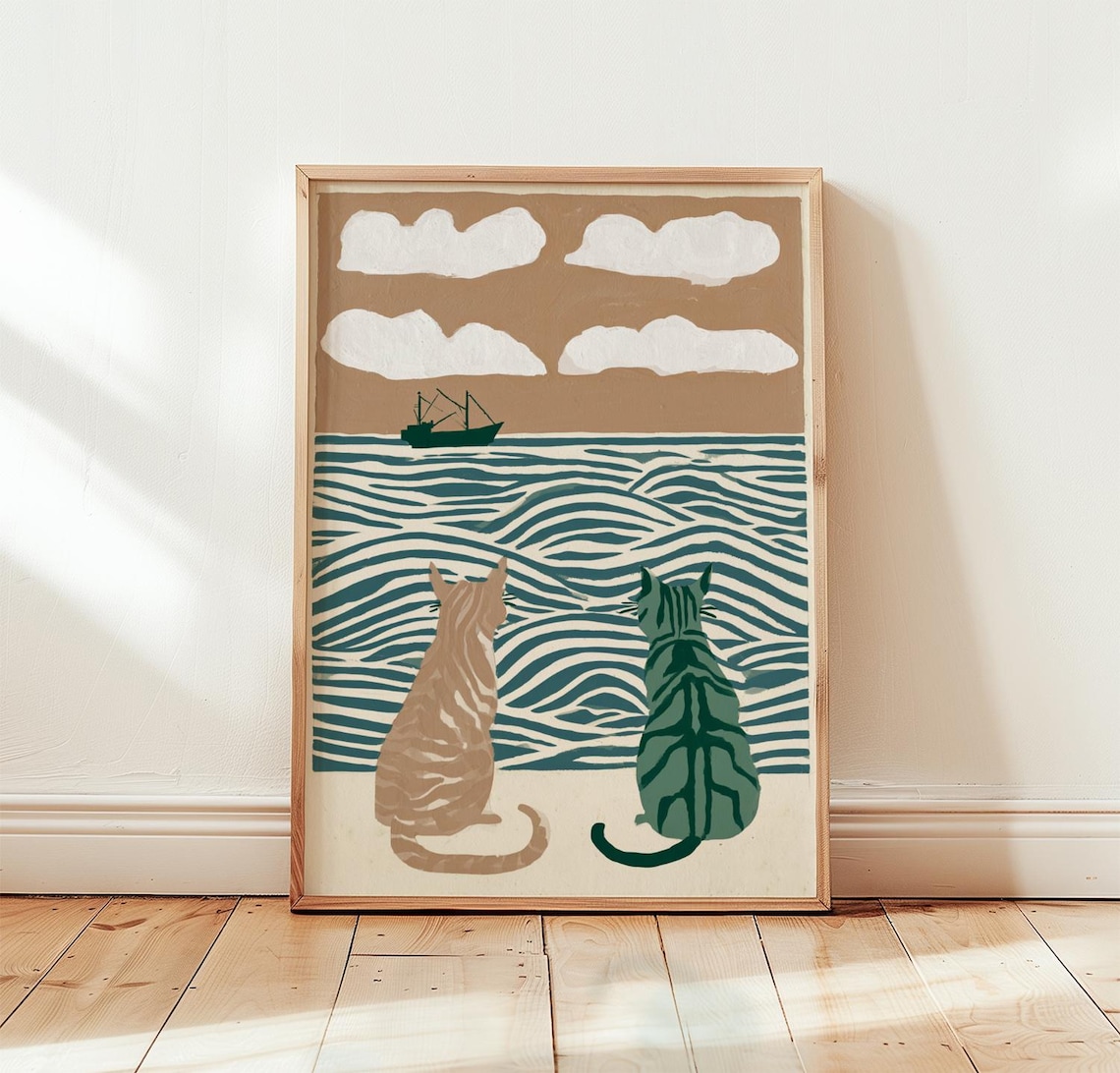 Coastal Cats Nautical Art Print, Seaside Cats