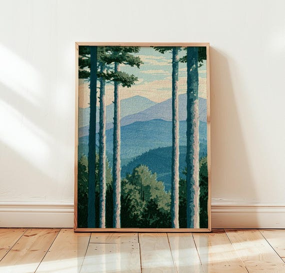 Mountain Forest Landscape Print Pine Tree Woodcut Wall Art