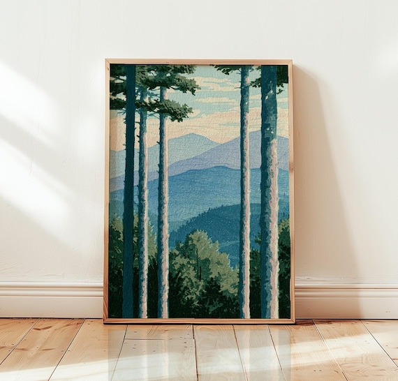 Pine Forest Mountain Vista Blue Green Tall Woodland Nature Print