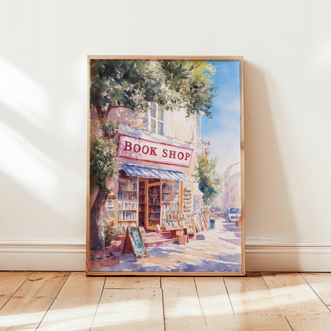 Sunny Bookshop Corner Street Scene Watercolor Illustration Poster