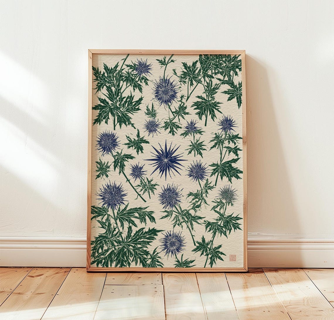 Blue Sea Holly Print Green Botanical Wall Art Screen Poster