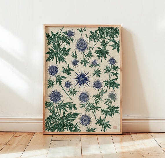 Blue Sea Holly Print Green Botanical Wall Art Screen Poster