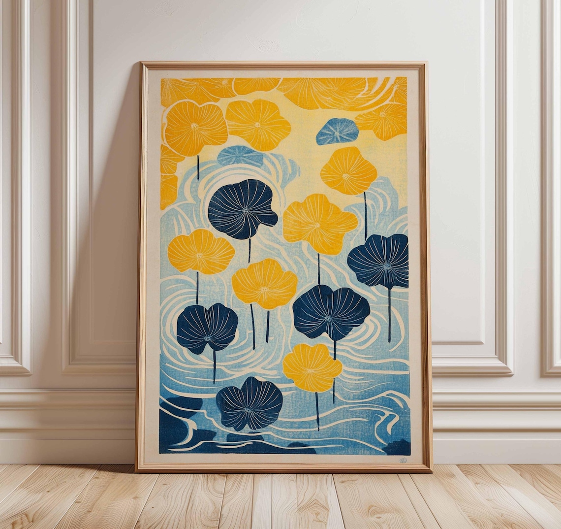 Japanese Water Lily Pads Yellow And Blue Botanical Art Poster