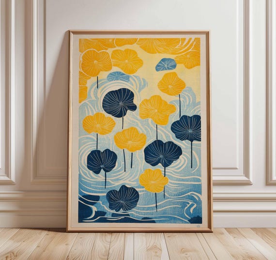 Flower Poster Japanese Wall Art Botanical Print Water Lily Artwork Yellow And Blue Floral Design Zen Nature Inspired Home Decor