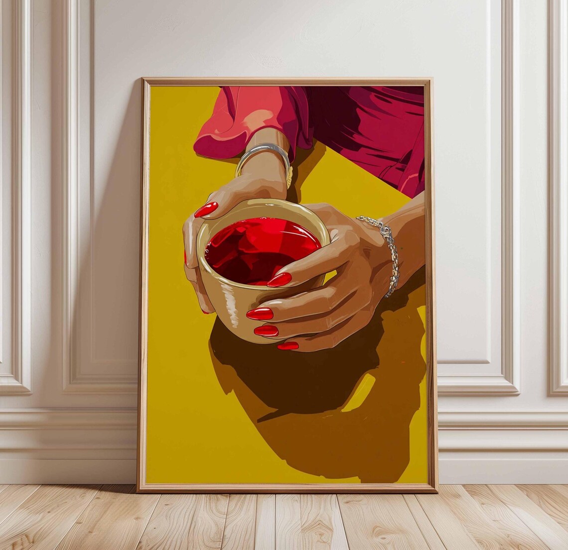 Woman Holding Coffee Cup Red Nails Modern Pop Art Style Poster