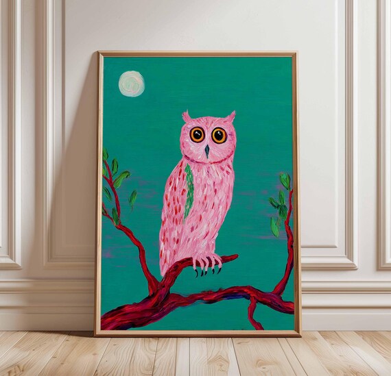 Pink Owl on Red Branch With Moon Against Teal Sky Wildlife Poster
