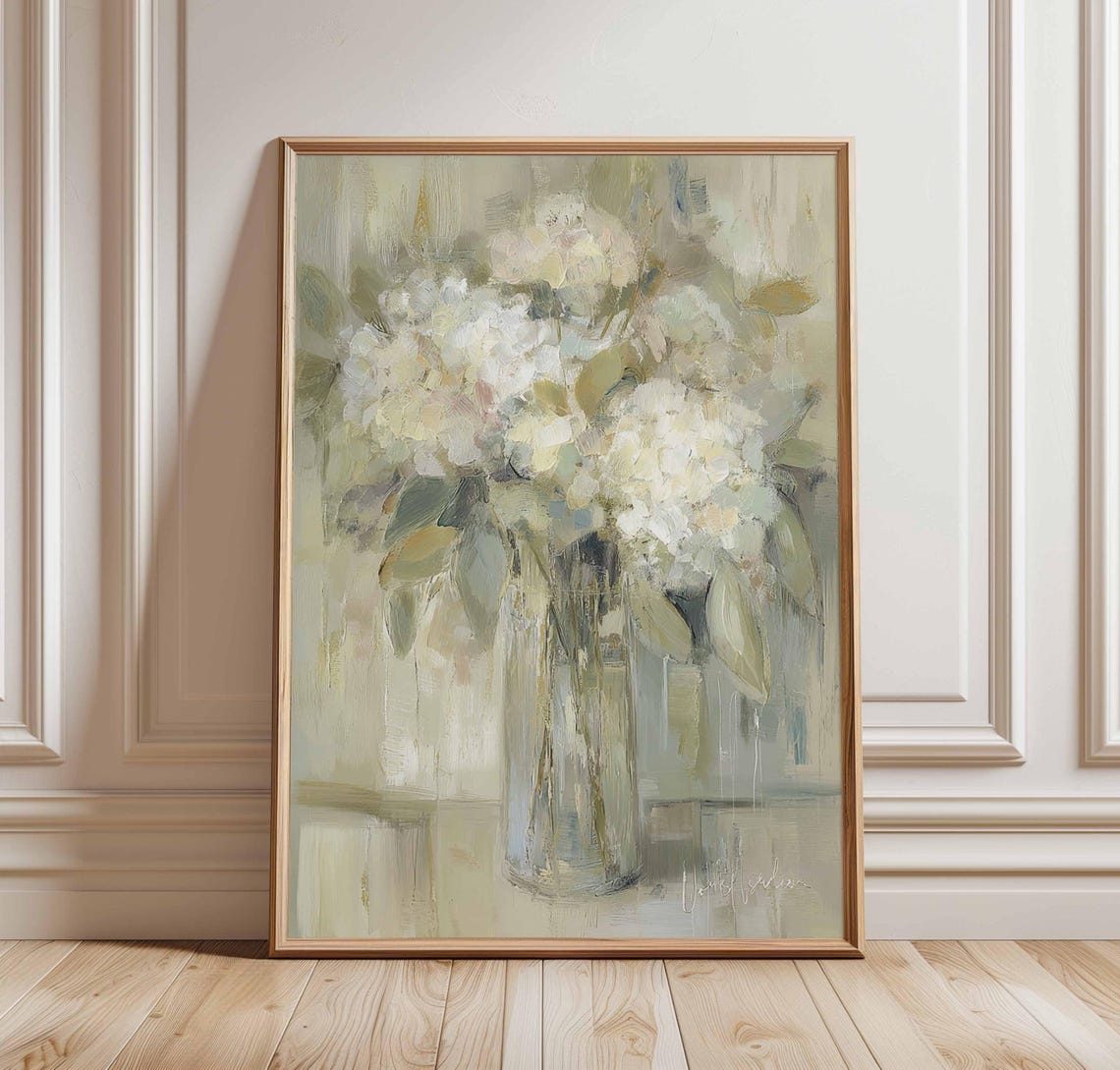 White Hydrangea Vase Neutral Beige Botanical Floral Painting Poster